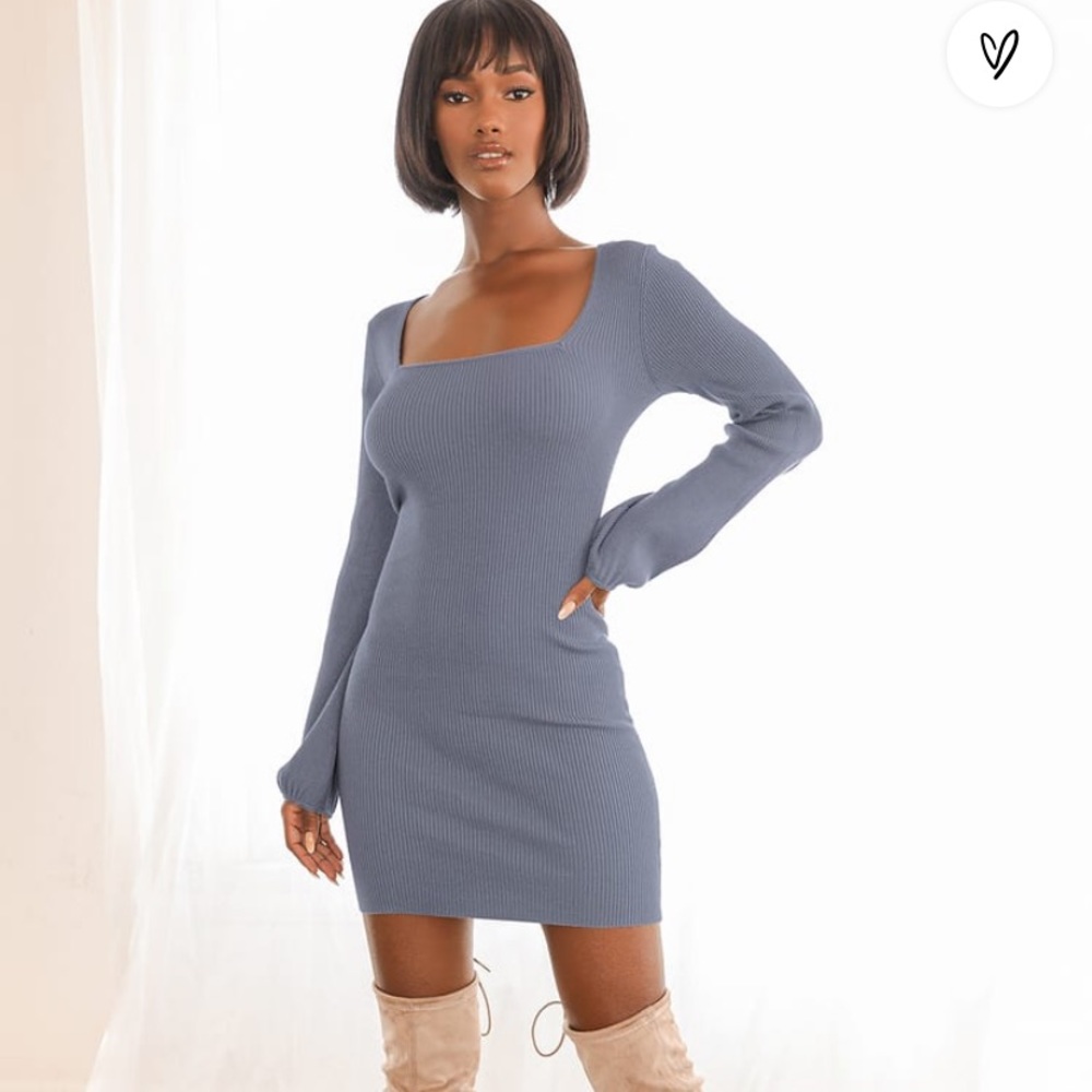 Lulus Best Guess Dusty Blue Ribbed Bodycon Sweater Dress, Size L NWT